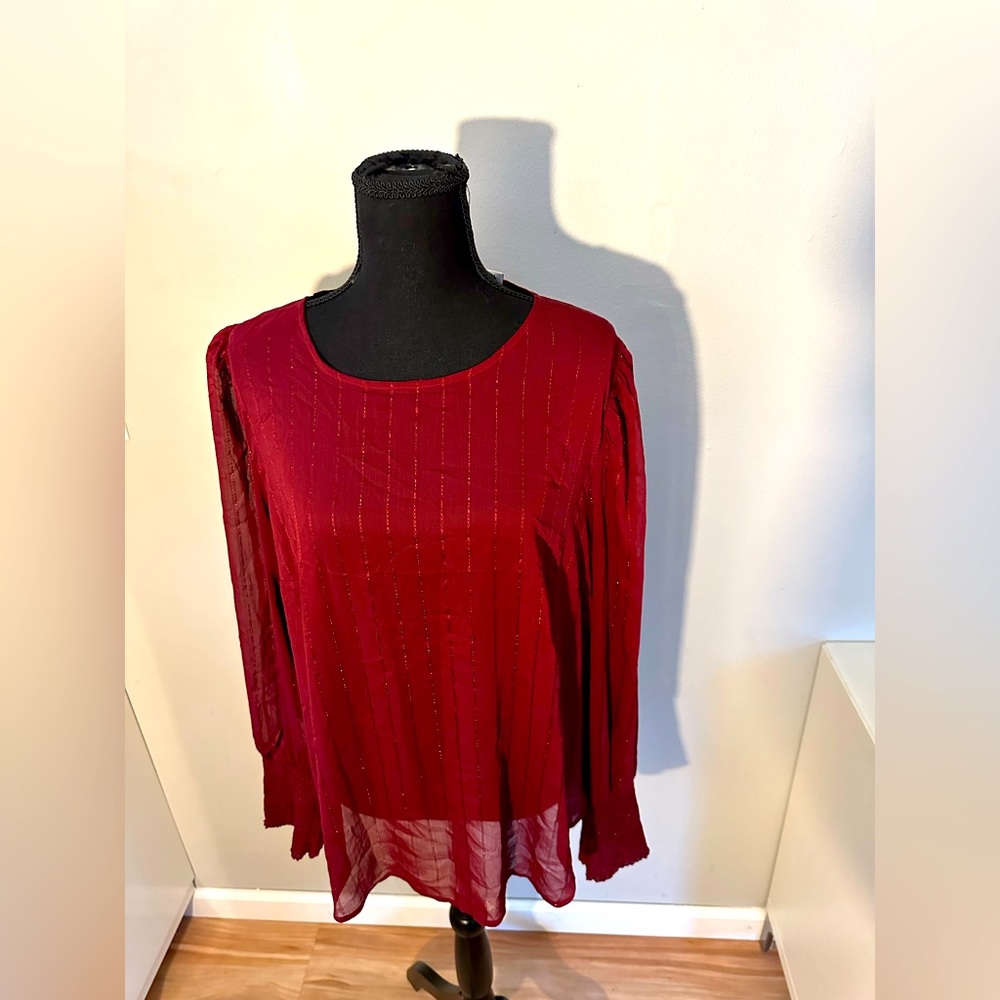 A NEW DAY. Burgundy long sleeve blouse with metallic striping, puff sleeve.
